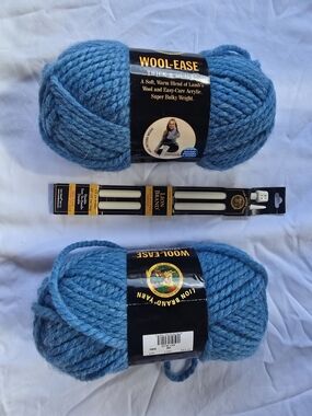 Lot of 2 Lion Brand Wool Ease Thick Yarn Skeins Sky Blue #106 Lot 8383 & Needles